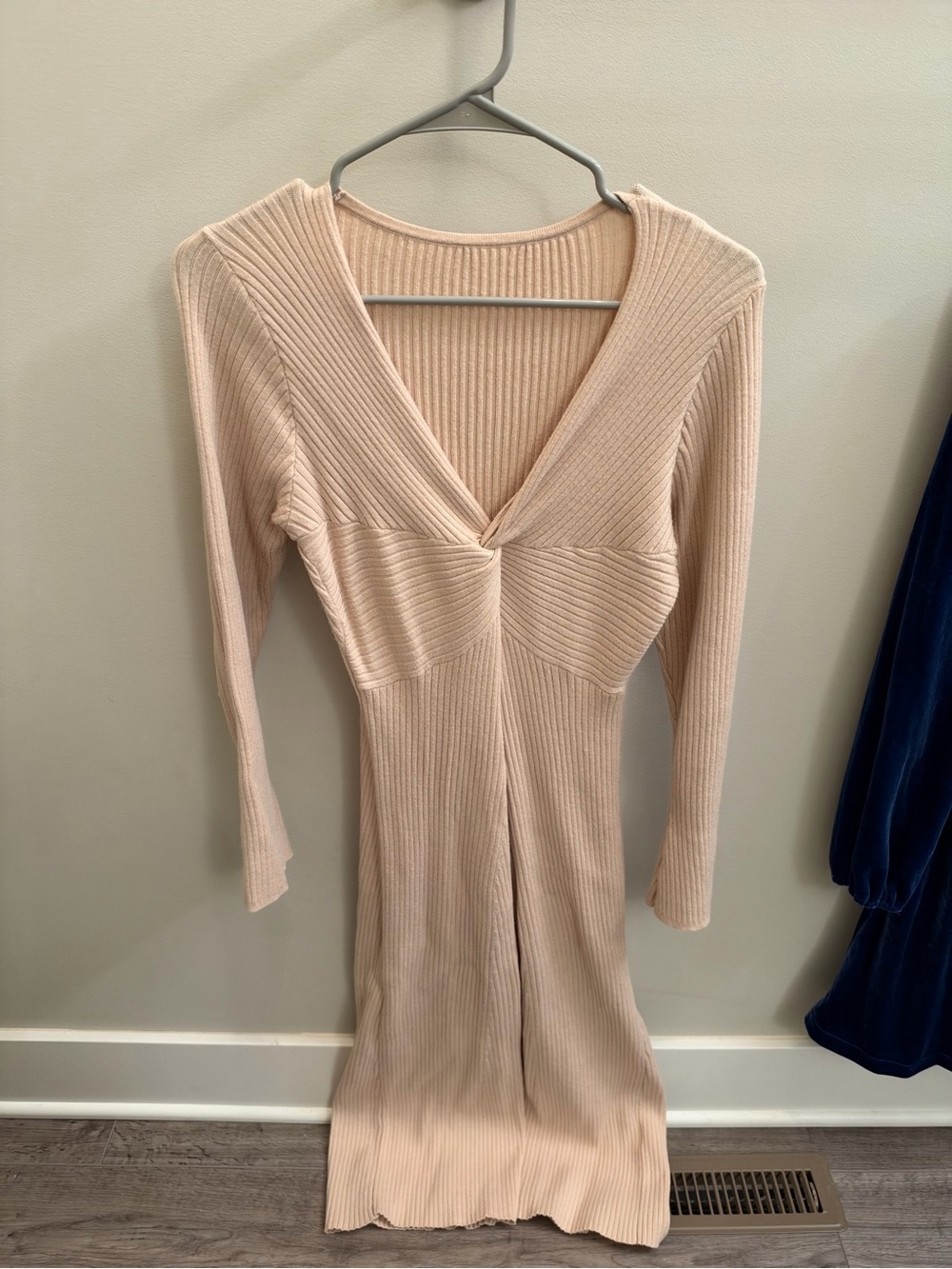 Ribbed V-Neck Long Sleeve Dress - Beige
